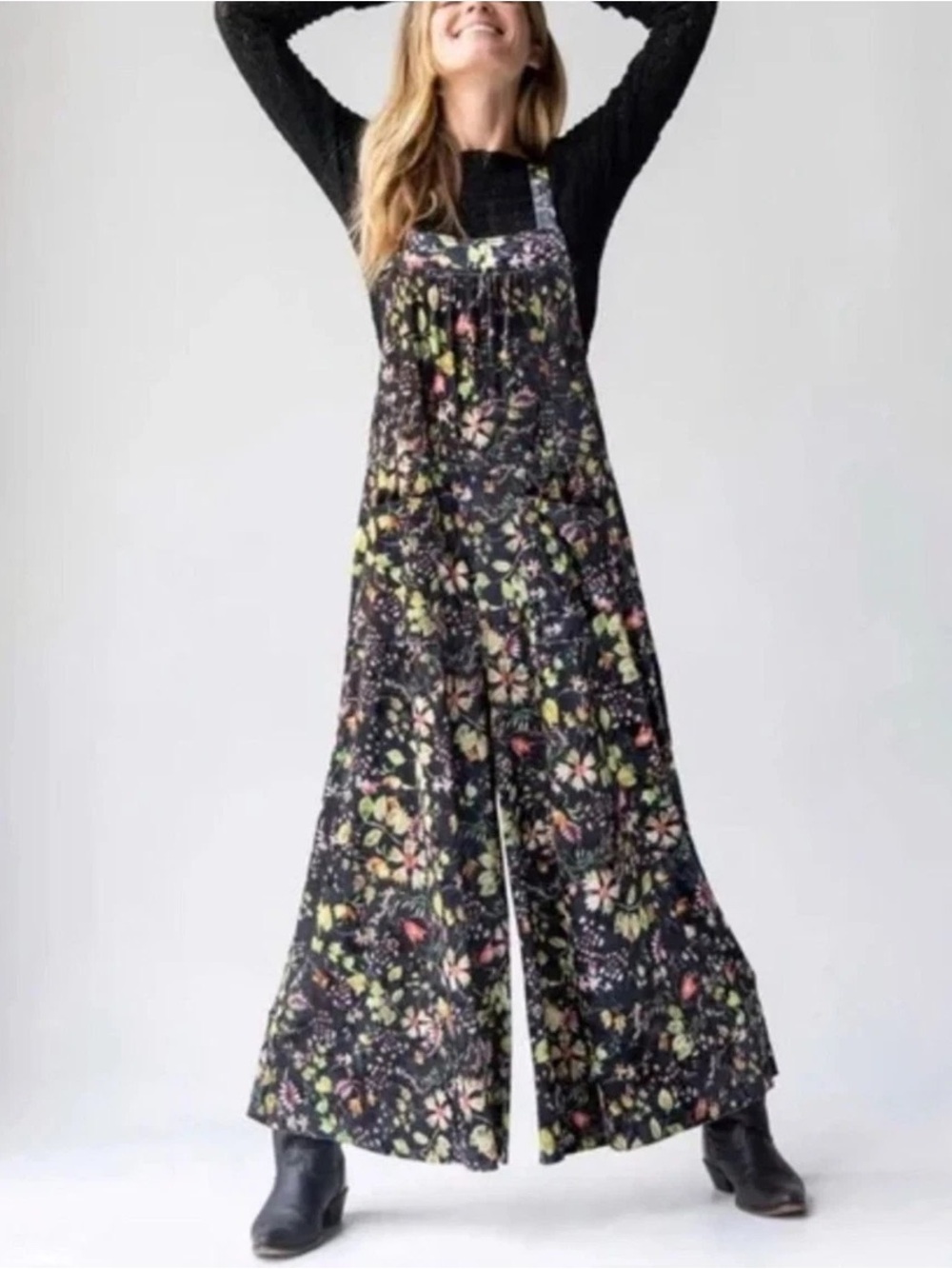 Natural Life Dakota Velvet Floral Wide Leg Overalls Jumpsuit Boho 2.0 Whimsigoth